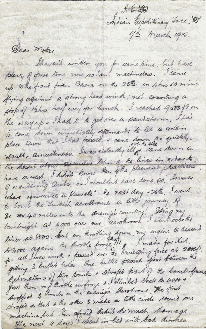 Page 1 of a letter from John Douglas Hume to his mother describing action in Turkey, February to March 1916. National Records of Scotland reference: GD486/102